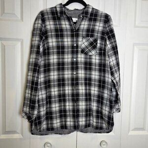 J. Jill Women's Medium Plaid Flannel Shirt Black White Long Sleeve Button Up Top